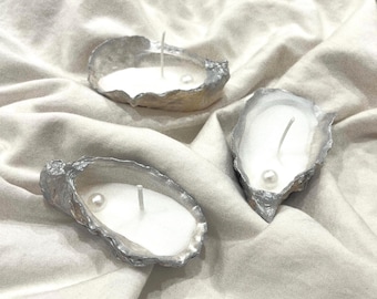 Silver Oyster Shell Candle with Pearl: Coastal Decor, Beach Wedding Favors