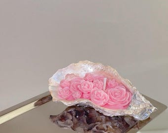 Oyster Shell Candle with Roses, Handmade Statement Candle, Coastal Wedding Decor, Luxury Seashell Candle, Unique Gift