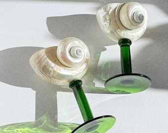 Limited Edition Seashell Wine Glass with Emerald Stem | Luxury Coastal Barware | Handmade Beach Wedding Décor & Gift for Her