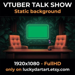 Puede incluir: Un fondo digital para un programa de entrevistas VTuber, con una pantalla verde, dos sillones naranjas, un micrófono y un escritorio de madera. El fondo es una exuberante escena de jungla verde con el texto "VTUBER TALK SHOW" y "Static background".