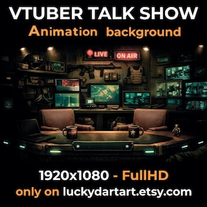 May include: A digital illustration of a VTuber talk show animation background. The scene features a desk with two chairs, multiple computer screens, and military-themed decor. Text includes "VTUBER TALK SHOW", "Animation background", "LIVE ON AIR", and "1920x1080 - FullHD".