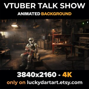 May include: An animated background for a VTuber talk show, depicting a detailed, dimly lit workshop scene. A figure in futuristic armour sits holding a rifle. The image includes text: "VTUBER TALK SHOW ANIMATED BACKGROUND" and "3840x2160 - 4K".