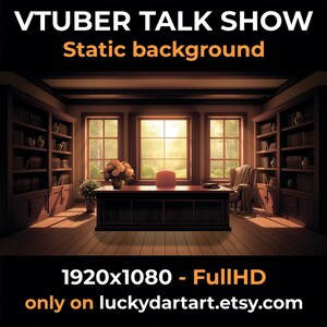 Może przedstawiać: Cyfrowe tło do talk show VTuber, przedstawiające klasyczne otoczenie biblioteki. Obraz zawiera biurko, regały z książkami, okna oraz tekst "VTUBER TALK SHOW Static background 1920x1080 - Full HD only on luckydartart.etsy.com".