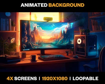 May include: A digital illustration of a cozy gamer room with a large computer monitor displaying a colorful landscape, a desktop computer, a keyboard, a cup of coffee, and plants. The text "COZY LOFI GAMER ROOM ANIMATED BACKGROUND 4X SCREENS I 1920X1080 I LOOPABLE ONLY ON luckydartart.etsy.com" is displayed at the top and bottom of the image.