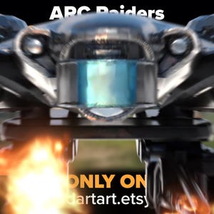 Może przedstawiać: Futurystyczne, mechaniczne urządzenie z niebieskim centralnym elementem i płomieniami u dołu. Tekst "ARC Raiders" u g&oacute;ry i "ONLY ON dartart.etsy" na dole.