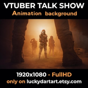 Può includere: Sfondo di animazione digitale per un talk show VTuber, con una scena post-apocalittica con soldati in equipaggiamento tattico. L'immagine è in risoluzione Full HD 1920x1080.