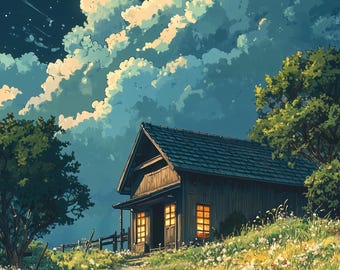 May include: A small wooden house with a lit window sits on a grassy hill under a cloudy night sky. The house has a dark brown roof and a path leads up to the front door.