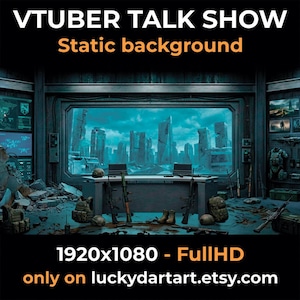 Op de afbeelding: Digitale kunstafbeelding van een futuristische VTuber talkshow-set. De scène toont een bureau met twee laptops, wapens en een stadsgezicht op de achtergrond. Tekst bevat "VTUBER TALK SHOW", "Static background" en "1920x1080 - Full HD".