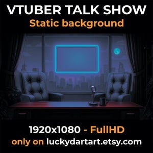 Puede incluir: Un fondo digital para un programa de entrevistas de VTuber, que representa una habitación oscura con vista a la ciudad. La escena incluye dos sillones de cuero negro, un escritorio, un micrófono y una pantalla iluminada con neón. El texto dice "VTUBER TALK SHOW Static background" y "1920x1080 - Full HD only on luckydartart.etsy.com."