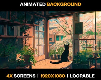 May include: An animated background featuring a black cat sitting in a windowsill overlooking a cherry blossom tree. The window is framed by a wooden windowsill and a bookshelf with books. The text "LO-FI CAT & CHERRY BLOSSOMS ANIMATED BACKGROUND 4X SCREENS I 1920X1080 | LOOPABLE ONLY ON luckydartart.etsy.com" is displayed at the bottom of the image.