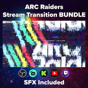 Pu&ograve; includere: Grafica digitale per un "Stream Transition BUNDLE" con il testo "ARC Raiders" in alto. L'immagine presenta un effetto glitch con strisce colorate di rosso, giallo e verde. La parte inferiore include icone di social media e il testo "SFX Included."