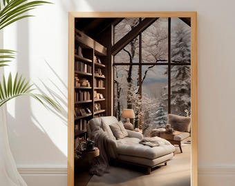 Cozy Reading Nook Winter Cabin Art, Snowy Forest Window Hygge Decor (Digital Download)