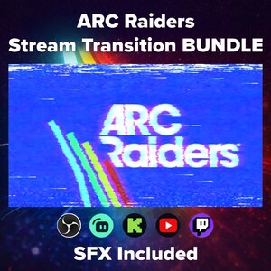 Pu&ograve; includere: Grafica digitale per un "Stream Transition BUNDLE" con il testo "ARC Raiders" in un font glitch. Lo sfondo &egrave; blu con linee verticali colorate. Icone delle piattaforme di streaming in basso.