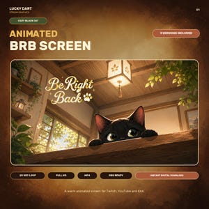 May include: An animated BRB screen for stream graphics featuring a black cat peeking over a wooden ledge. The text reads "Be Right Back" with a paw print icon. The scene includes a hanging lantern, indoor plants, and a warm, brown-toned aesthetic.
