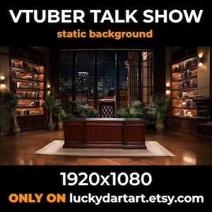 May include: A digital background for a VTuber talk show, featuring a dark wood desk and a leather chair. The scene includes bookshelves, plants, and a large window with a city view. The image is 1920x1080 pixels.