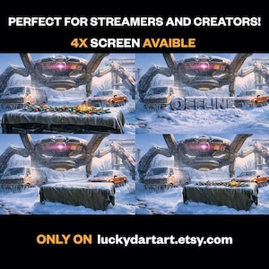 Puede incluir: Obra de arte digital que representa una estructura mecánica con forma de araña sobre una escena nevada con coches y una mesa. El texto "4X SCREEN AVAIBLE" es visible. La imagen tiene un tema invernal.
