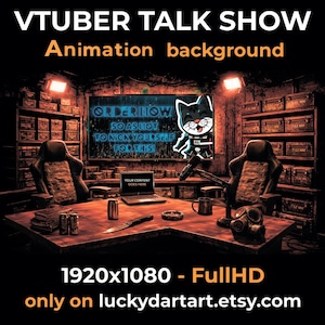 May include: A digital animation background for a VTuber talk show. The image shows a studio setting with a desk, chairs, and a screen with text and a cartoon cat character. The image is labeled as Full HD 1920x1080.