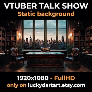 Puede incluir: Un fondo digital para un programa de entrevistas VTuber, que presenta una biblioteca clásica con una vista del horizonte de la ciudad. La imagen incluye un escritorio, sillas y estanterías. El texto dice "VTUBER TALK SHOW Static background" y "1920x1080 - Full HD".
