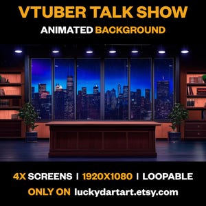 Peut inclure: Fond d'écran animé pour une émission de discussion virtuelle avec une vue de la ville la nuit, avec de la pluie qui tombe sur les fenêtres. L'arrière-plan comprend un bureau avec une bibliothèque de chaque côté. Le texte "VTUBER TALK SHOW ANIMATED BACKGROUND" est en haut de l'image. Le texte "4X SCREENS | 1920X1080 | LOOPABLE ONLY ON luckydartart.etsy.com" est en bas de l'image.