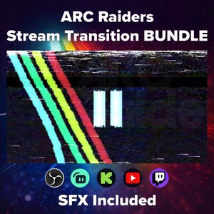 Pu&ograve; includere: Grafica digitale per un pacchetto di transizione di streaming, con il testo "ARC Raiders Stream Transition BUNDLE". Il design include linee diagonali colorate e un simbolo di pausa. Le icone delle piattaforme di streaming sono in basso.