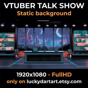 Peut inclure: Un arrière-plan numérique pour une émission de discussion VTuber, avec une vue sur une ville futuriste à travers une grande fenêtre et un ciel clair de lune. Le texte indique "VTUBER TALK SHOW Static background" et "1920x1080 - Full HD".