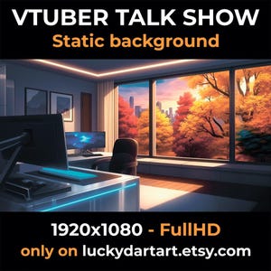 Peut inclure: Illustration numérique d'un intérieur de bureau moderne avec une grande fenêtre donnant sur un paysage urbain et des arbres d'automne. L'image comprend le texte "VTUBER TALK SHOW Static background" et "1920x1080 - Full HD only on luckydartart.etsy.com".