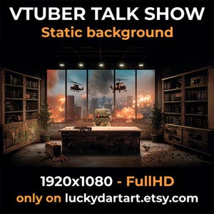 May include: A digital background for a VTuber talk show, featuring a desk with a camouflage chair, guns, and a cityscape engulfed in flames visible through a large window. The text reads "VTUBER TALK SHOW Static background".