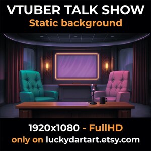 May include: Digital illustration of a VTuber talk show set. The background features a purple screen, two armchairs, a microphone, and a table. Text reads "VTUBER TALK SHOW Static background 1920x1080 - Full HD only on luckydartart.etsy.com."