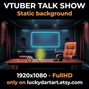 May include: A digital illustration of a VTuber talk show set. The scene features a desk with a Rubik's cube, a lightning bolt lamp, and a microphone. The background includes a neon-lit screen and a leather chair. Text reads "VTUBER TALK SHOW Static background".