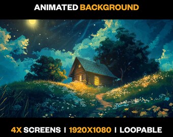 May include: Animated background featuring a cozy cabin with a lit window, nestled in a field of wildflowers under a starry night sky. The moon is visible in the upper left corner of the image. The text "4X SCREENS | 1920X1080 | LOOPABLE" and "ONLY ON luckydartart.etsy.com" are displayed at the bottom of the image.