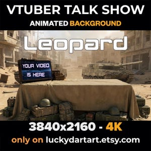 Könnte beinhalten: Animierter Hintergrund für eine VTuber-Talkshow mit dem Wort "Leopard" in Weiß. Die Szene zeigt Panzer, militärische Ausrüstung und den Text "YOUR VIDEO IS HERE" auf einem Bildschirm. Die Auflösung beträgt 3840x2160 - 4K.