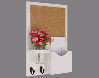 Cork Board Mail Organizer - Mail and Key Holder - Letter Holder - Single Slot - Key Hooks - Jar Vase - Organizer - Painted Wood