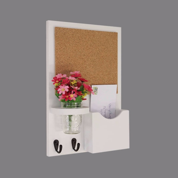 Cork Board Mail Organizer - Mail and Key Holder - Letter Holder - Single Slot - Key Hooks - Jar Vase - Organizer - Painted Wood