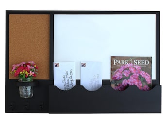 Message Center, Mail Organizer, Corkboard, Mason jar - Dry Erase Board - Wood - Letter Holder - Mail Holder - Key Hooks