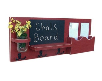 Chalkboard Mail Organizer Mason Jar - Mail and Key Holder - Chalk board - Key Hooks -  Coat Rack - Wood