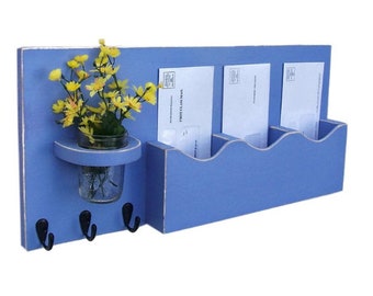 Mail Organizer - Mail And Key Holder - Key Hooks - Jar Vase - Organizer - Painted Distressed Wood - Wall Hanging