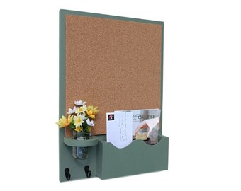 Cork Board Mail Organizer with Mason jar - Wood - Letter Holder - Mail Holder - Key Hooks