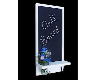 Chalkboard with Shelf , Mason Jar Vase and Black Metal Key Hooks