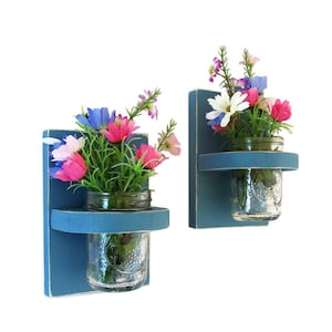 Solid Wood Hand Painted Wall Sconces with Mason Jar Vases, Set of Two image 1