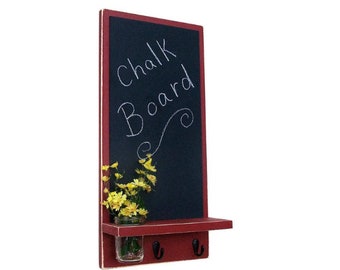 Chalkboard with Mason Jar, Shelf, Key Hooks, Painted Wood, Jar Holder