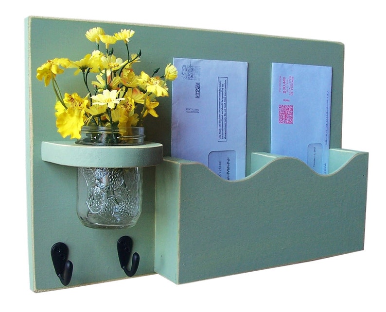 Mail Holder , Double Slots , Black Metal Key Hooks , Mason Jar Vase , Organizer , Painted Solid Wood 