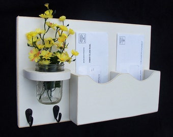 Mail Organizer - Mail Holder - Letter Holder - Mail and Key Holder  - Key Hooks - Jar Vase - Organizer - Painted Distressed Wood