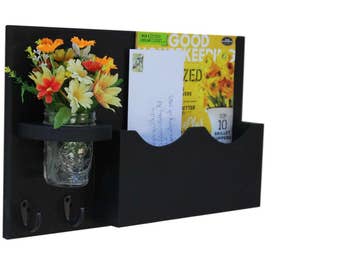 Mail Organizer - Mail Holder - Letter Holder - Mail and Key Holder - Mail Sorter -Key Hooks - Mason Jar Vase