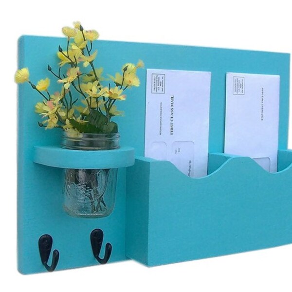Mail Holder , Double Slots , Black Metal Key Hooks , Mason Jar Vase , Organizer , Painted Solid Wood