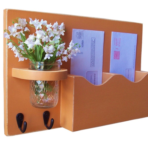 Mail Holder , Double Slots , Black Metal Key Hooks , Mason Jar Vase , Organizer , Painted Solid Wood