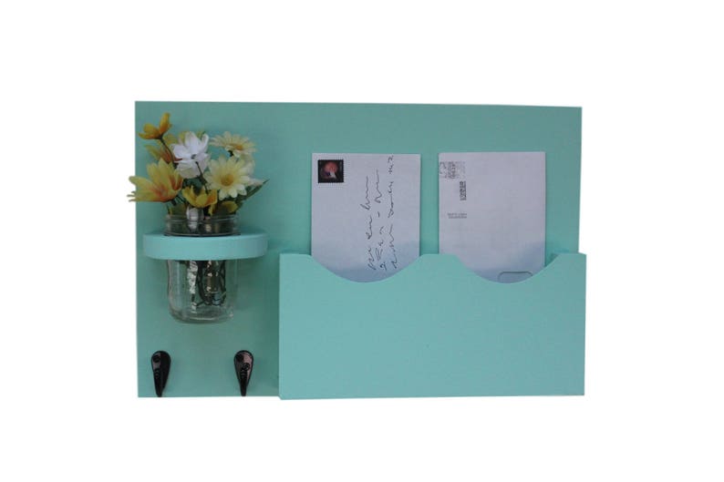 Mail Holder , Double Slots , Black Metal Key Hooks , Mason Jar Vase , Organizer , Painted Solid Wood image 2