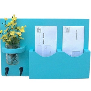 Mail Holder , Double Slots , Black Metal Key Hooks , Mason Jar Vase , Organizer , Painted Solid Wood image 2