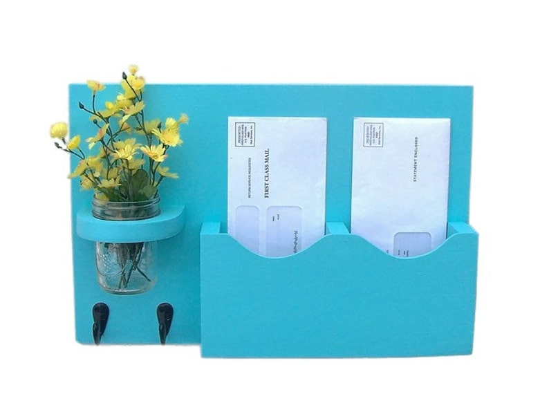 Mail Holder , Double Slots , Black Metal Key Hooks , Mason Jar Vase , Organizer , Painted Solid Wood image 2