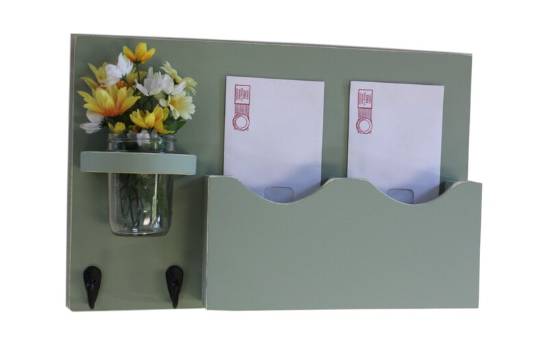 Mail Holder , Double Slots , Black Metal Key Hooks , Mason Jar Vase , Organizer , Painted Solid Wood image 2