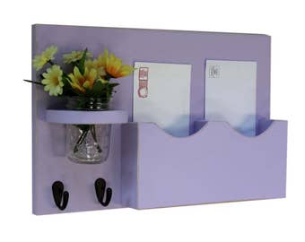 Mail Holder , Double Slots , Black Metal Key Hooks , Mason Jar Vase , Organizer , Painted Solid Wood